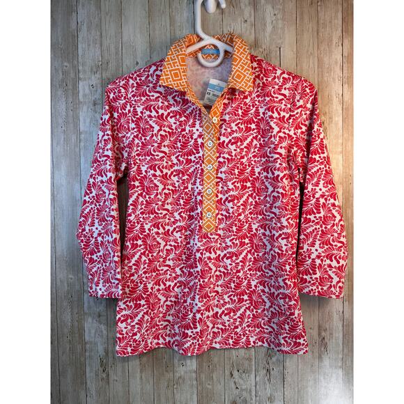 J. McLaughlin Court Polo Womens XS Red Orange Floral. Brocade Stretch Athletic‎ - Picture 1 of 10